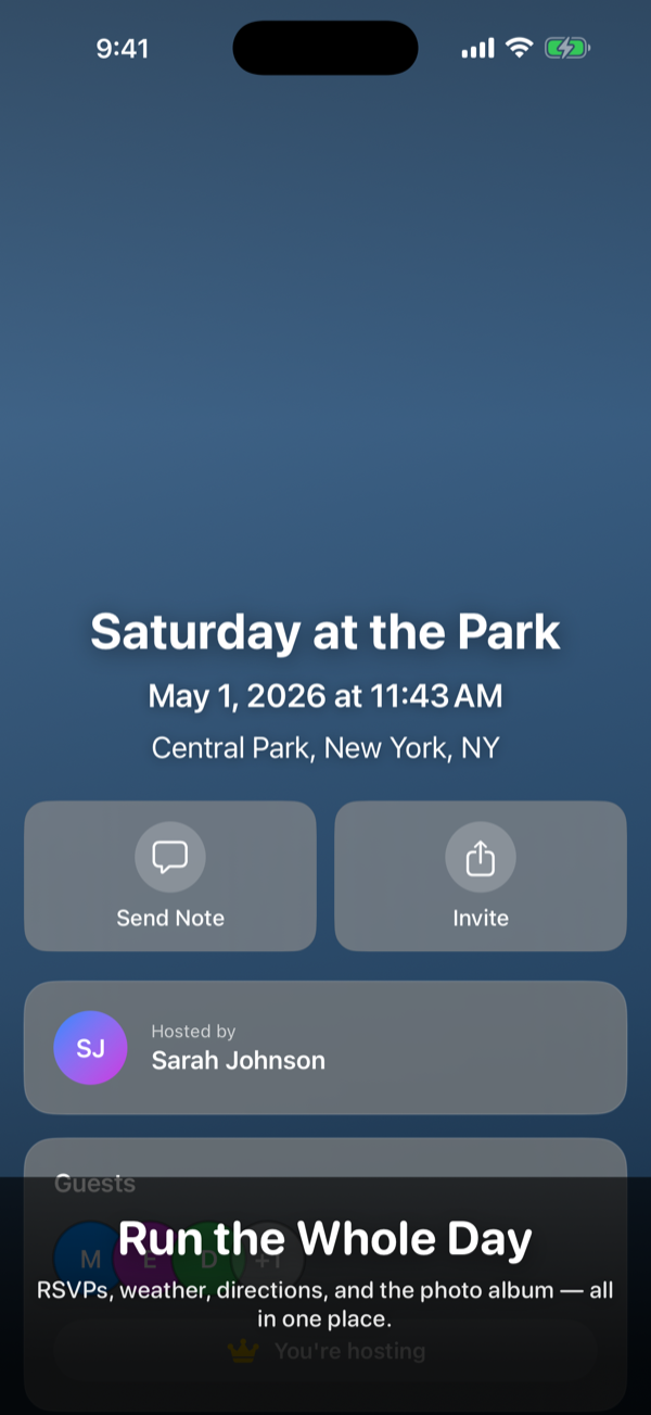 PlayDate event detail showing host info, RSVPs, weather, and directions.